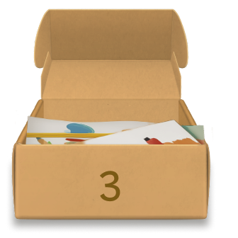 Rajzokkal teli kartondoboz számmal: 3 – elkészítjük a könyvet