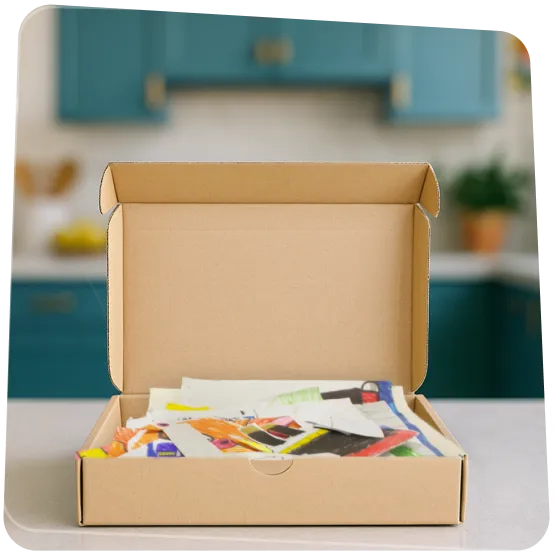 Lezárt doboz tele gyerekrajzokkal, postázásra előkészítve.