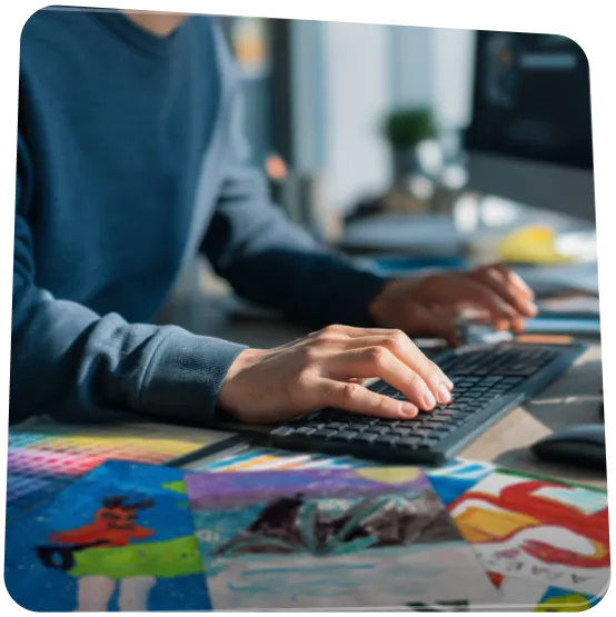 Grafikus számítógépen dolgozik a Rajzkönyv elrendezésén.