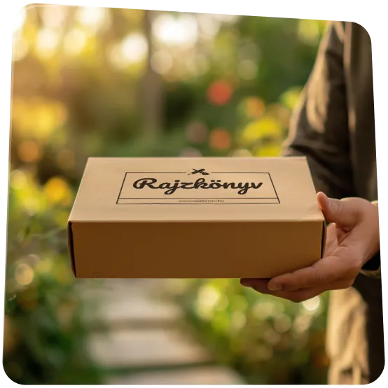 Kéz egy Rajzkönyv logós csomagot tart, kézbesítésre készen.